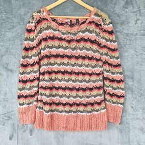 Womens Sweater Large Boho Crochet Knit Indie Striped Cottagecore Cozy Pullover